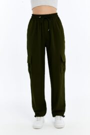 Kadın Oversize Paraşüt Kumaş Kargo Cep Pantolon - Haki - Görsel 8