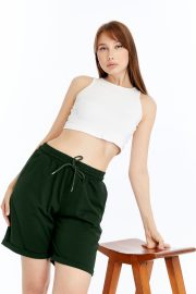 Kadın Oversize Duble Paça Pamuklu Kumaş Şort - Haki - Görsel 2