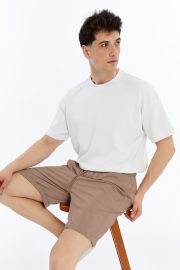 Erkek Oversize Duble Paça Penye Şort - Sütlü Kahve - Görsel 2