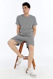 Erkek Oversize Duble Paça Penye Şort & Tişört Takım - Gri - Görsel 9