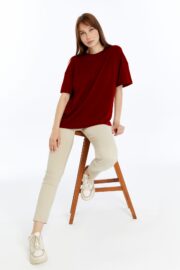 Kadın Modal Kumaş Oversize Bordo T-Shirt - Görsel 13