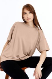 Kadın Modal Kumaş Oversize Sütlü Kahve T-Shirt - Görsel 13