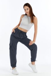Kadın Oversize Paraşüt Kumaş Kargo Cep Pantolon - Füme - Görsel 13