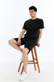 Erkek Oversize Duble Paça Penye Şort & Tişört Takım - Siyah - Görsel 7