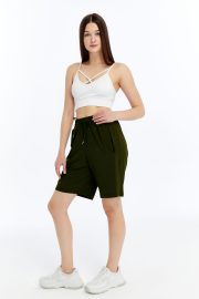 Kadın Oversize Paraşüt Kumaş Fleto Cepli Şort - Haki - Görsel 14