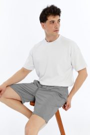 Erkek Oversize Duble Paça Penye Şort - Gri - Görsel 14