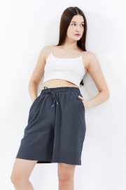 Kadın Oversize Paraşüt Kumaş Açık Cepli Şort - Füme - Görsel 7