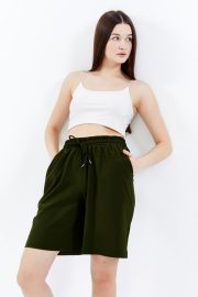 Kadın Oversize Paraşüt Kumaş Açık Cepli Şort - Haki - Görsel 7