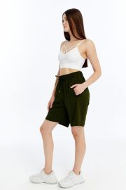 Kadın Oversize Paraşüt Kumaş Fleto Cepli Şort - Haki - Görsel 7