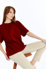 Kadın Modal Kumaş Oversize Bordo T-Shirt - Görsel 7