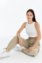 Kadın Oversize Paraşüt Kumaş Kargo Cep Pantolon - Bej - Görsel 8