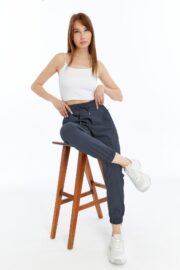 Kadın Oversize Paraşüt Kumaş Paçası Lastikli Pantolon - Füme - Görsel 17
