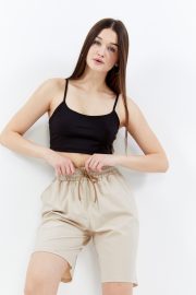 Kadın Oversize Paraşüt Kumaş Açık Cepli Şort - Bej - Görsel 8