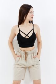 Kadın Oversize Paraşüt Kumaş Fleto Cepli Şort - Bej - Görsel 8