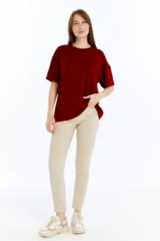 Kadın Modal Kumaş Oversize Bordo T-Shirt - Görsel 2