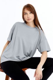 Kadın Modal Kumaş Oversize Gri T-Shirt - Görsel 8