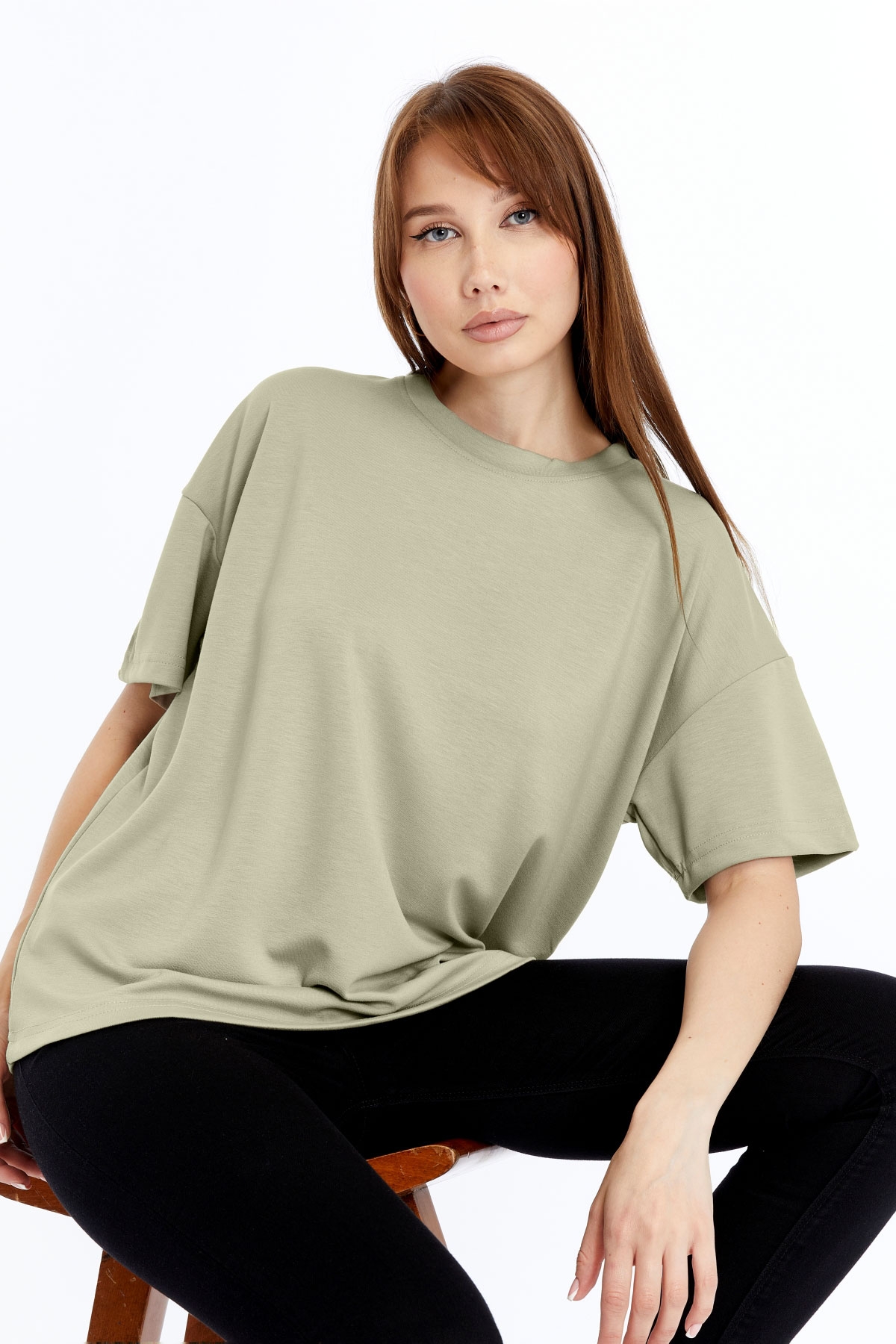 2 Kadın Modal Kumaş Oversize Su Yeşili T-Shirt - Görsel 1