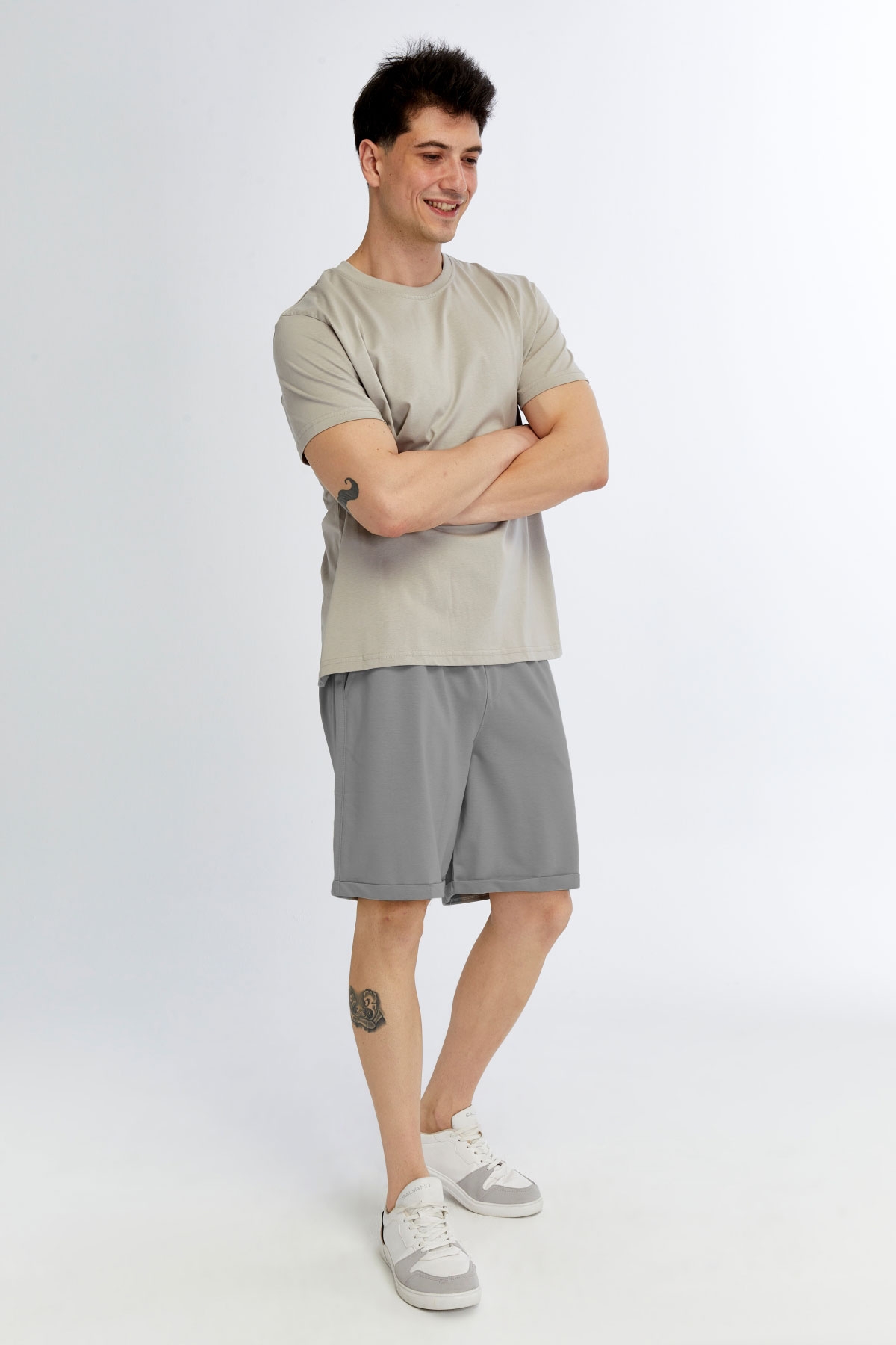 2 Erkek Oversize Duble Paça Penye Şort - Gri - Görsel 1