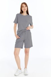 Kadın Oversize Duble Paça Penye Şort & Tişört Takım - Gri