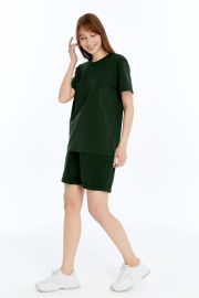 Kadın Oversize Duble Paça Penye Şort & Tişört Takım - Haki - Görsel 9
