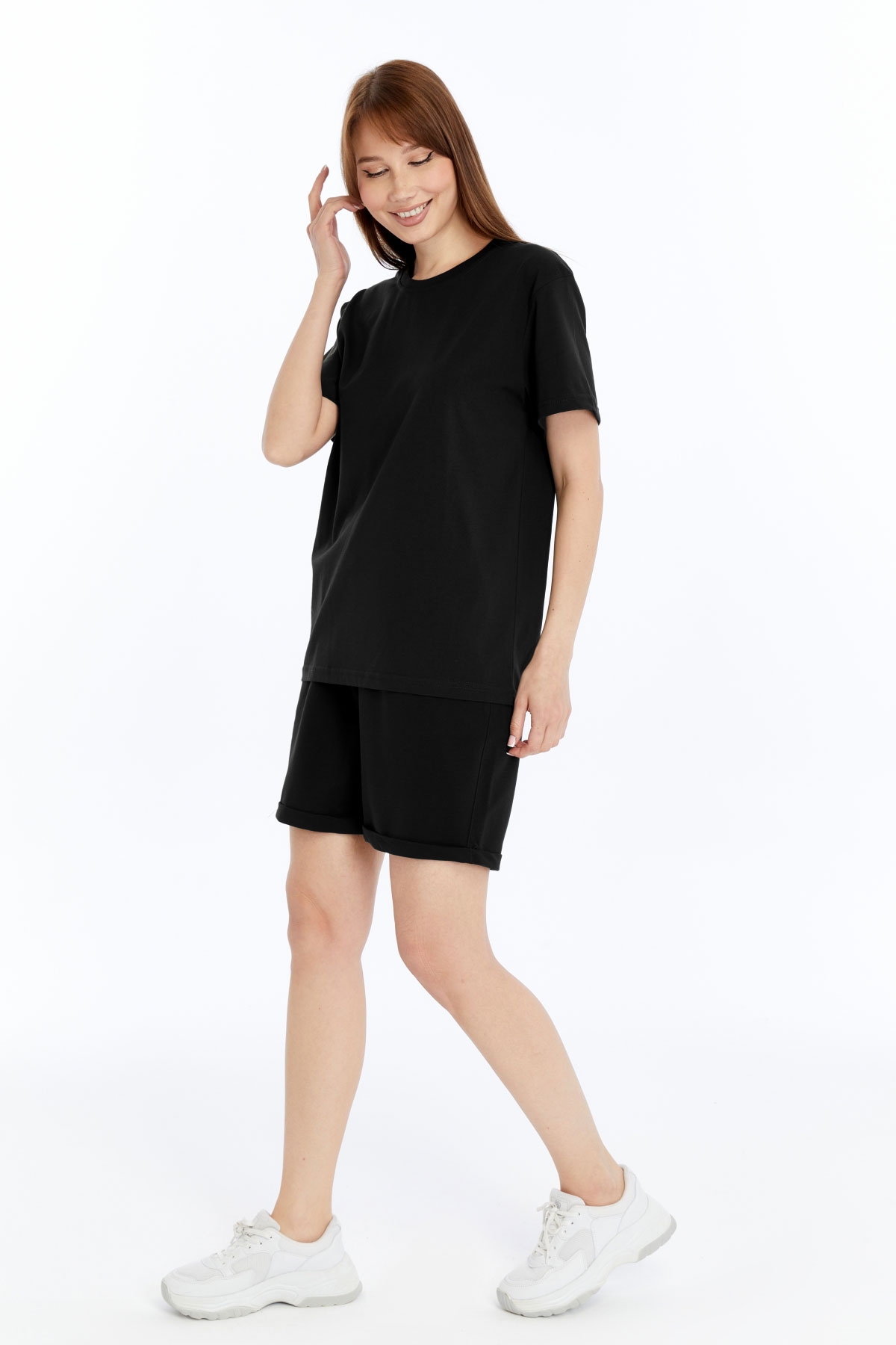 2 Kadın Oversize Duble Paça Penye Şort & Tişört Takım - Siyah - Görsel 1