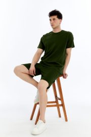 Erkek Oversize Duble Paça Penye Şort & Tişört Takım - Haki - Görsel 8