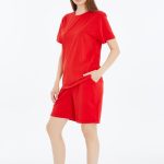 Kadın Oversize Duble Paça Penye Şort & Tişört Takım - Kırmızı