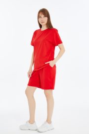 Kadın Oversize Duble Paça Penye Şort & Tişört Takım - Kırmızı