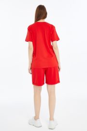Kadın Oversize Duble Paça Penye Şort & Tişört Takım - Kırmızı - Görsel 9