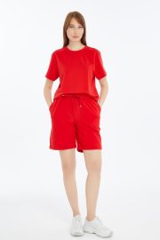 Kadın Oversize Duble Paça Penye Şort & Tişört Takım - Kırmızı - Görsel 10