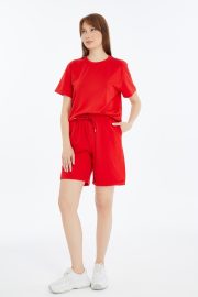 Kadın Oversize Duble Paça Penye Şort & Tişört Takım - Kırmızı - Görsel 5