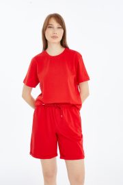 Kadın Oversize Duble Paça Penye Şort & Tişört Takım - Kırmızı - Görsel 6