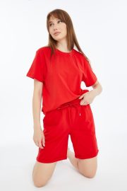 Kadın Oversize Duble Paça Penye Şort & Tişört Takım - Kırmızı - Görsel 13