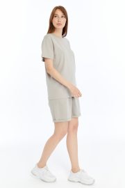 Kadın Oversize Duble Paça Penye Şort & Tişört Takım - Taş - Görsel 9
