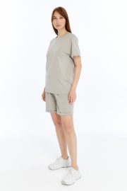 Kadın Oversize Duble Paça Penye Şort & Tişört Takım - Taş - Görsel 10