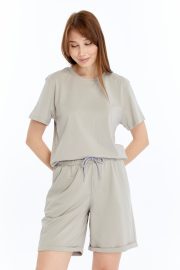 Kadın Oversize Duble Paça Penye Şort & Tişört Takım - Taş - Görsel 12
