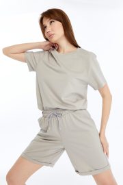 Kadın Oversize Duble Paça Penye Şort & Tişört Takım - Taş - Görsel 7