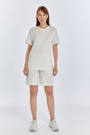 Kadın Oversize Duble Paça Penye Şort & Tişört Takım - Beyaz - Görsel 2
