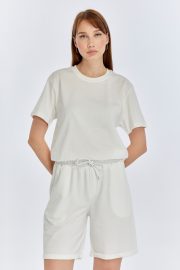 Kadın Oversize Duble Paça Penye Şort & Tişört Takım - Beyaz - Görsel 10