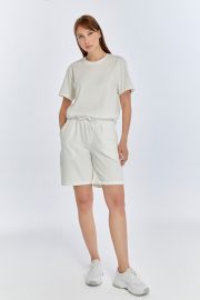 Kadın Oversize Duble Paça Penye Şort & Tişört Takım - Beyaz