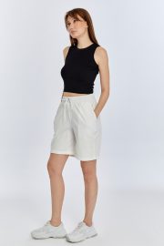 Kadın Oversize Duble Paça Pamuklu Kumaş Şort - Beyaz - Görsel 11