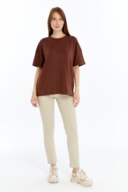 Kadın Modal Kumaş Oversize Kahverengi T-Shirt - Görsel 8