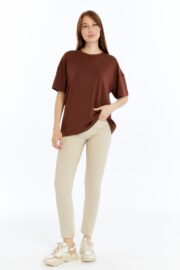 Kadın Modal Kumaş Oversize Kahverengi T-Shirt - Görsel 2