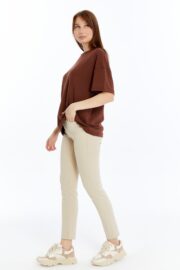 Kadın Modal Kumaş Oversize Kahverengi T-Shirt - Görsel 9