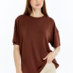 Kadın Modal Kumaş Oversize Kahverengi T-Shirt