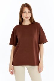 Kadın Modal Kumaş Oversize Kahverengi T-Shirt - Görsel 10