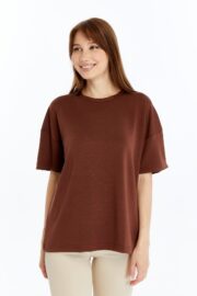 Kadın Modal Kumaş Oversize Kahverengi T-Shirt - Görsel 4
