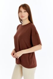 Kadın Modal Kumaş Oversize Kahverengi T-Shirt - Görsel 11