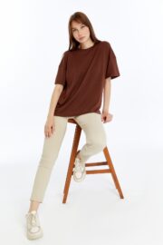 Kadın Modal Kumaş Oversize Kahverengi T-Shirt - Görsel 13