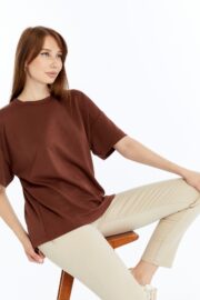 Kadın Modal Kumaş Oversize Kahverengi T-Shirt - Görsel 7